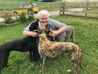 Greyt Greys -  volunteer John Morgan with rescue greyhounds.jpg